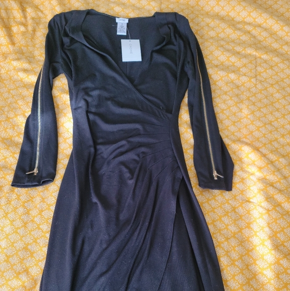 Cache Black Cocktail Dress with Gold Zippered Sleeves. NWT. Size Small. - Picture 5 of 7